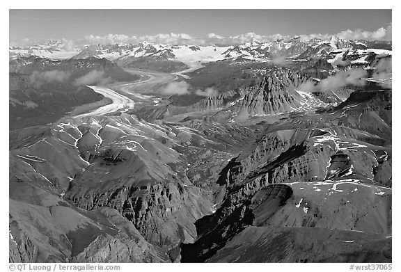 Aerial view of Chitistone Mountains and Nizina Glacier. Wrangell-St Elias National Park, Alaska, USA.