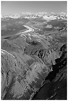 Aerial view of Chitistone Mountains. Wrangell-St Elias National Park, Alaska, USA. (black and white)