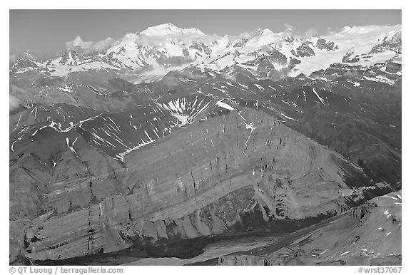 Aerial view of Mile High Cliffs and Mt Blackburn. Wrangell-St Elias National Park (black and white)
