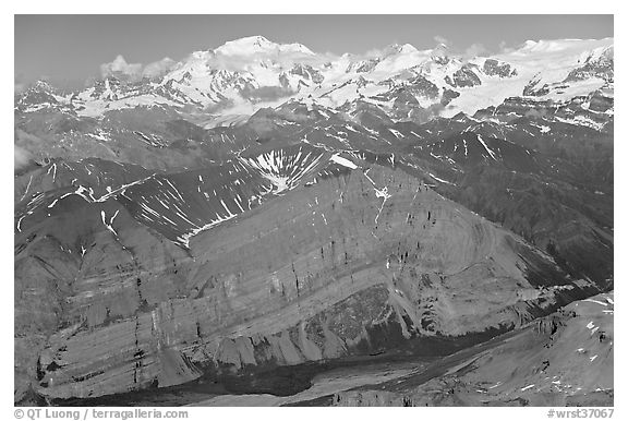 Aerial view of Mile High Cliffs and Mt Blackburn. Wrangell-St Elias National Park, Alaska, USA.