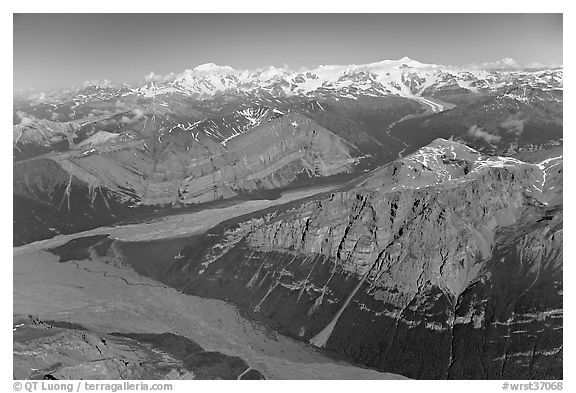 Aerial view of Mile High Cliffs and Chizina River. Wrangell-St Elias National Park (black and white)
