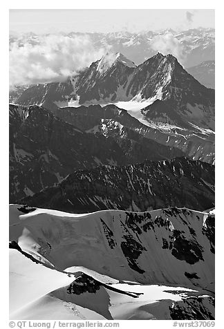 Aerial view of rugged peaks, Saint Elias Mountains. Wrangell-St Elias National Park, Alaska, USA.