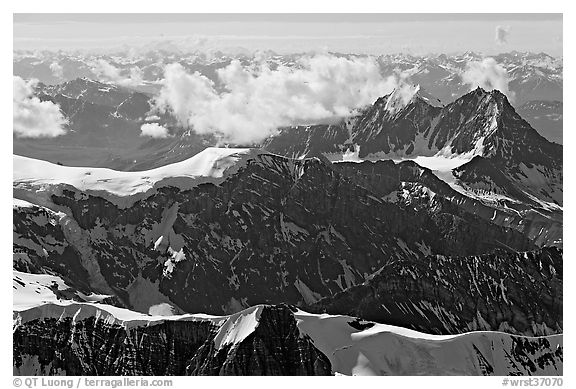 Aerial view of rugged dark peaks, Saint Elias Mountains. Wrangell-St Elias National Park, Alaska, USA.