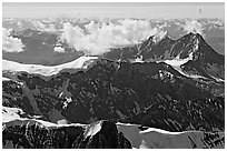 Aerial view of rugged dark peaks, Saint Elias Mountains. Wrangell-St Elias National Park, Alaska, USA. (black and white)