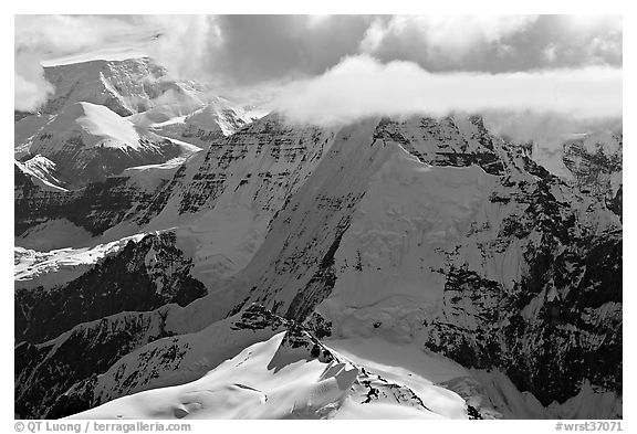 Aerial view of mountain with steep icy faces. Wrangell-St Elias National Park (black and white)