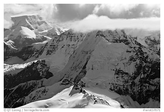 Aerial view of mountain with steep icy faces. Wrangell-St Elias National Park, Alaska, USA.