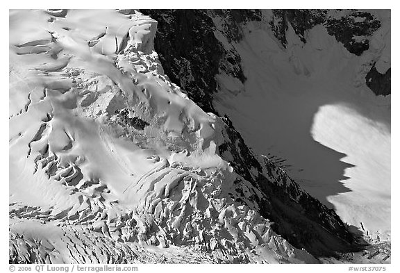 Aerial view of crevasses on steep glacier. Wrangell-St Elias National Park (black and white)