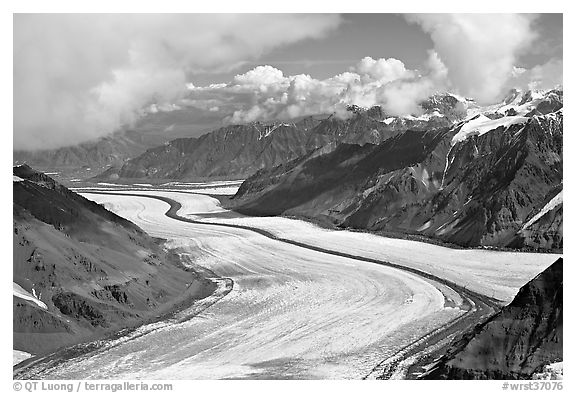 Aerial view of Barnard Glacier and median moraine. Wrangell-St Elias National Park, Alaska, USA.