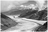 Aerial view of Barnard Glacier and median moraine. Wrangell-St Elias National Park, Alaska, USA. (black and white)