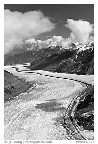 Aerial view of Barnard Glacier. Wrangell-St Elias National Park (black and white)