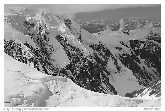 Aerial view of glaciated peak, University Range. Wrangell-St Elias National Park (black and white)