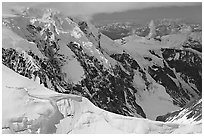 Aerial view of glaciated peak, University Range. Wrangell-St Elias National Park ( black and white)