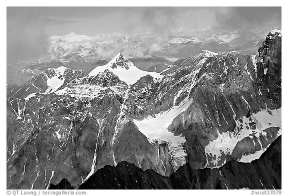 Aerial view of rocky peaks, University Range. Wrangell-St Elias National Park, Alaska, USA.