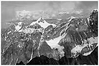 Aerial view of rocky peaks, University Range. Wrangell-St Elias National Park ( black and white)