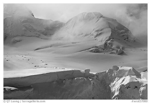 Aerial view of seracs and snowy peak, University Range. Wrangell-St Elias National Park (black and white)