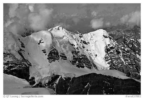 Aerial view of peak with seracs and hanging glaciers, University Range. Wrangell-St Elias National Park (black and white)