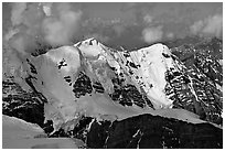 Aerial view of peak with seracs and hanging glaciers, University Range. Wrangell-St Elias National Park, Alaska, USA. (black and white)