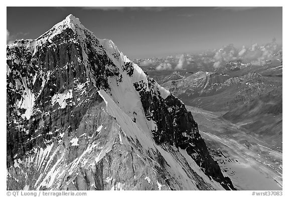 Aerial view of ice-covered peak, University Range. Wrangell-St Elias National Park, Alaska, USA.