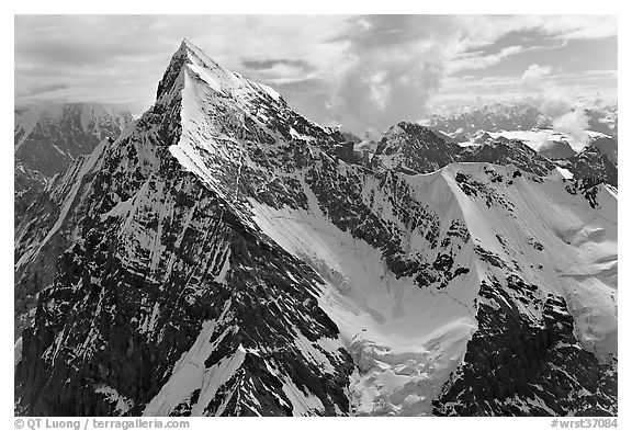 Aerial view of pointed icy peak, University Range. Wrangell-St Elias National Park, Alaska, USA.