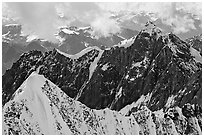 Aerial view of ridges, University Range. Wrangell-St Elias National Park, Alaska, USA. (black and white)