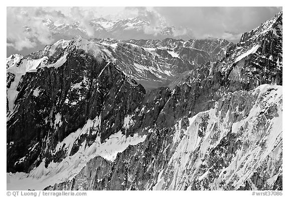 Aerial view of rugged peaks in the University Range. Wrangell-St Elias National Park, Alaska, USA.