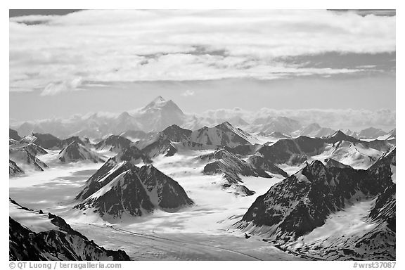 Aerial view of Granite Range with Mt St Elias in background. Wrangell-St Elias National Park, Alaska, USA.