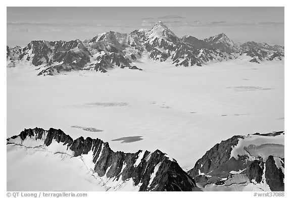 Aerial view of snow-covered Bagley Field. Wrangell-St Elias National Park, Alaska, USA.