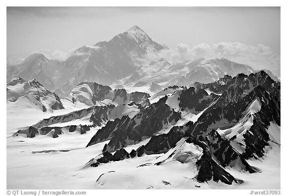 Aerial view of Mount St Elias. Wrangell-St Elias National Park (black and white)