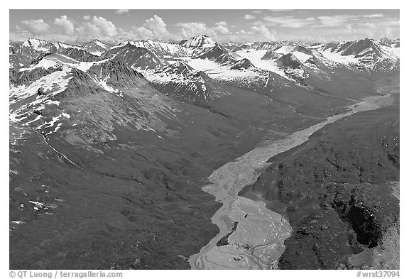 Aerial view of Granite Creek. Wrangell-St Elias National Park, Alaska, USA.