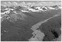 Aerial view of Granite Creek. Wrangell-St Elias National Park, Alaska, USA. (black and white)