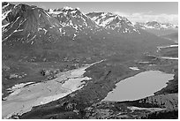 Aerial view of Ross Geen Lake and Granite Range. Wrangell-St Elias National Park, Alaska, USA. (black and white)