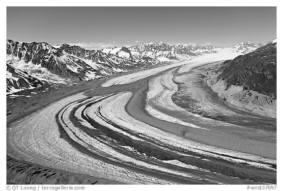 Aerial view of curving glacier near Bagley Field. Wrangell-St Elias National Park (black and white)