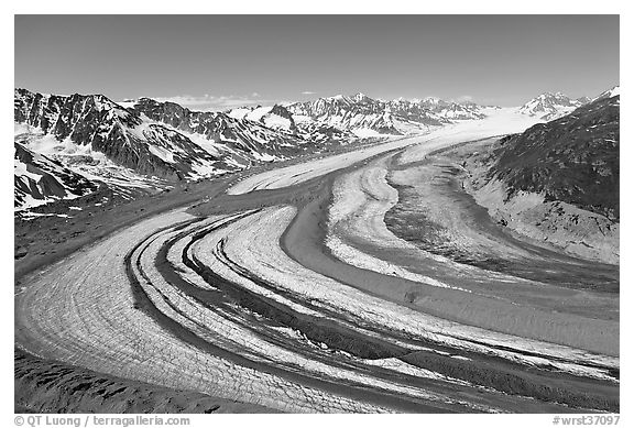 Aerial view of curving glacier near Bagley Field. Wrangell-St Elias National Park, Alaska, USA.