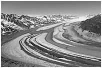 Aerial view of curving glacier near Bagley Field. Wrangell-St Elias National Park, Alaska, USA. (black and white)