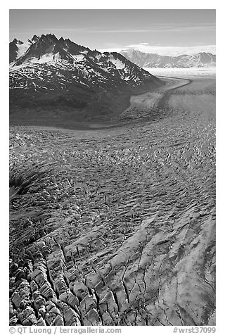 Aerial view of crevasses on Tana Glacier. Wrangell-St Elias National Park (black and white)