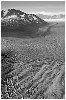 Aerial view of crevasses on Tana Glacier. Wrangell-St Elias National Park, Alaska, USA. (black and white)