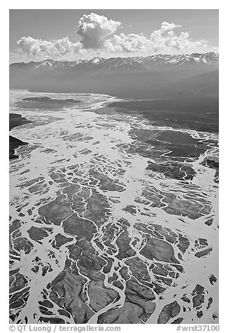 Aerial view of braids of the Chitina River. Wrangell-St Elias National Park (black and white)