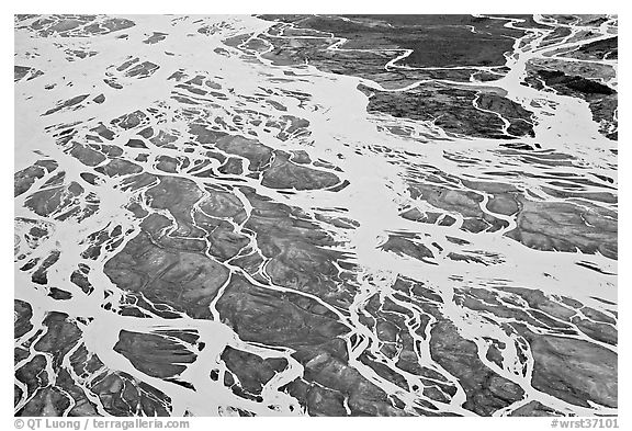 Aerial view of river braids. Wrangell-St Elias National Park (black and white)