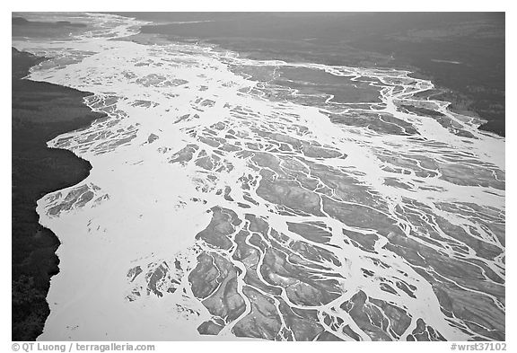 Aerial view of braided river plain. Wrangell-St Elias National Park, Alaska, USA.