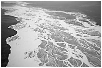 Aerial view of braided river plain. Wrangell-St Elias National Park, Alaska, USA. (black and white)