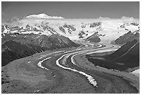 Aerial view of ice bands and moraines of Kennicott Glacier and Mt Blackburn. Wrangell-St Elias National Park, Alaska, USA. (black and white)