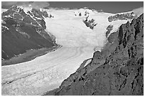 Aerial view of Erie Mine on ridge above Root Glacier. Wrangell-St Elias National Park, Alaska, USA. (black and white)