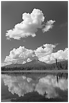 Puffy clouds reflected in lake. Wrangell-St Elias National Park, Alaska, USA. (black and white)