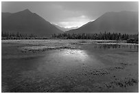 Storm light on lake. Wrangell-St Elias National Park, Alaska, USA. (black and white)