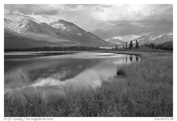 Mountains reflected in lake. Wrangell-St Elias National Park (black and white)