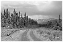 McCarthy road with vehicle approaching in the distance. Wrangell-St Elias National Park, Alaska, USA. (black and white)