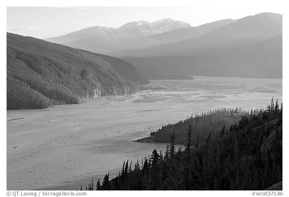 Chitina River and Chugach Mountains, late afternoon. Wrangell-St Elias National Park, Alaska, USA.