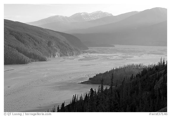 Chitina River and Chugach Mountains, late afternoon. Wrangell-St Elias National Park, Alaska, USA.