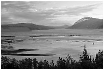 Wide Copper River at sunset. Wrangell-St Elias National Park, Alaska, USA. (black and white)