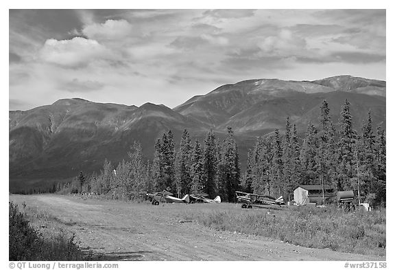 Airstrip and bush planes. Wrangell-St Elias National Park, Alaska, USA.